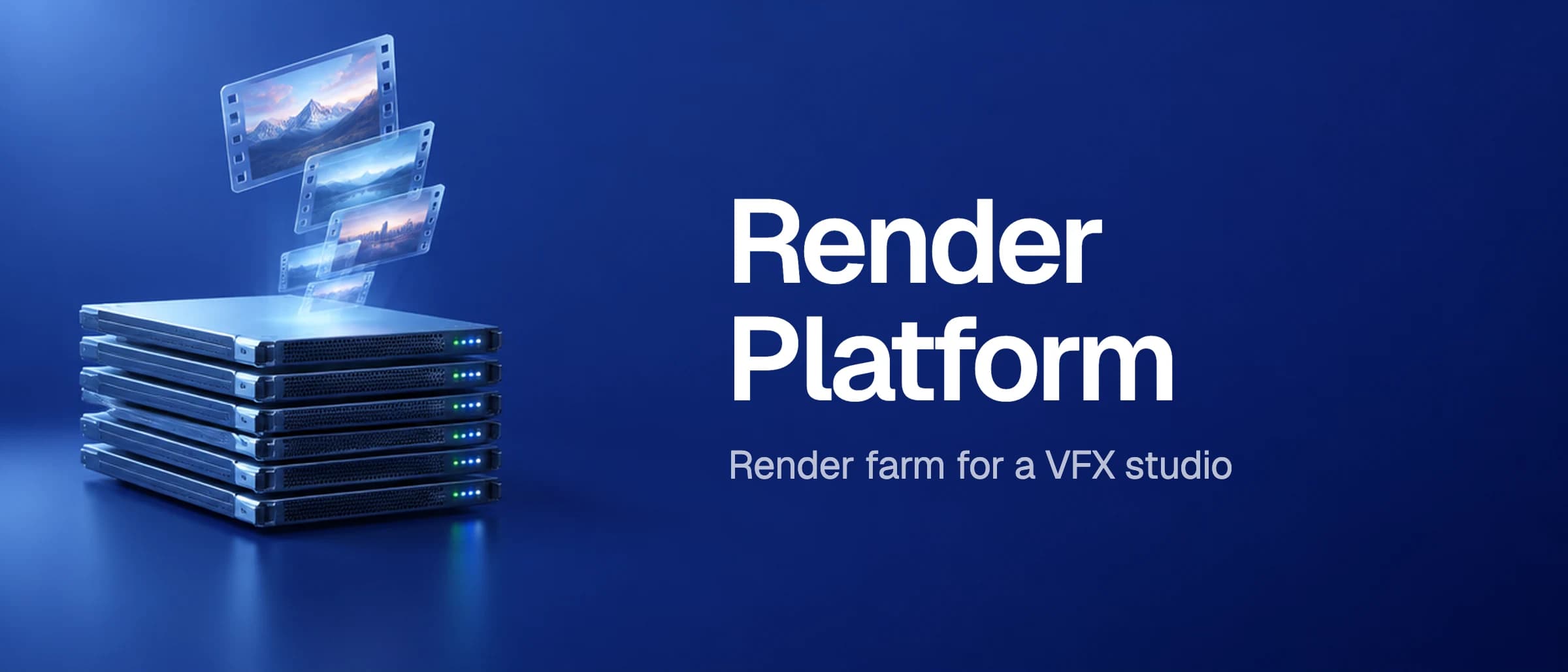 Stacked servers sending out rendered frames, on navy