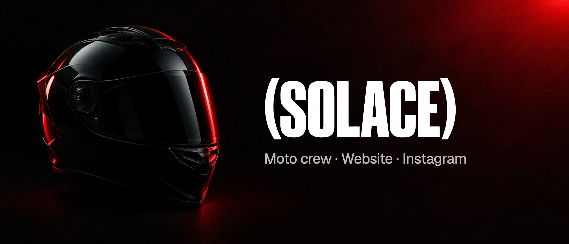 Solace United wordmark beside a black motorcycle helmet lit red