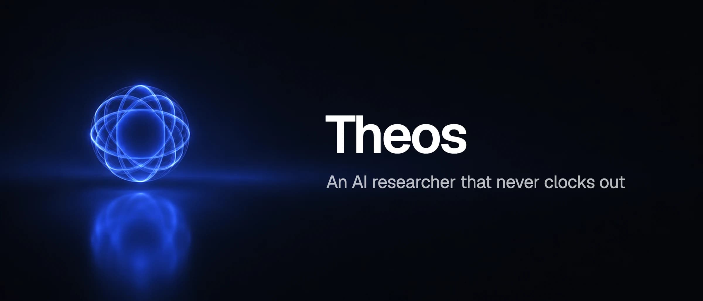 A glowing blue orb on black with the Theos name